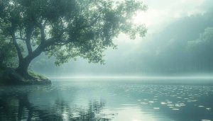 Serene Lake with Misty Forest Scenery 4K Desktop Wallpaper