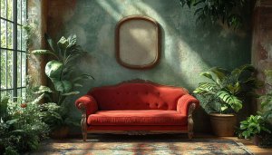 Cozy Interior Red Couch Aesthetic Wallpaper 4K Desktop Background