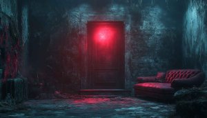 Creepy Room with Red Door 4K Desktop Wallpaper Background