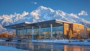 Winter Mountain View Office Building 4K Desktop Background Wallpaper