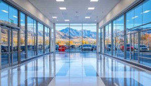 Modern Building Interior 4K Wallpaper with Mountain View Background