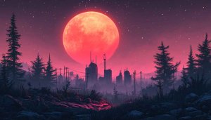 Red Moon Cityscape Wallpaper - 4K Desktop Background Aesthetic Skyline