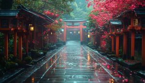 Japanese Shrine in Rain 4K Desktop Background Free Wallpaper