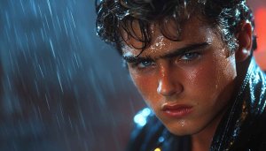 Wet Handsome Man in Rain, Cinematic Mobile Wallpaper, Portrait