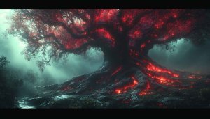 Glowing Red Fantasy Tree 4K Desktop Wallpaper, Mobile Background Free
