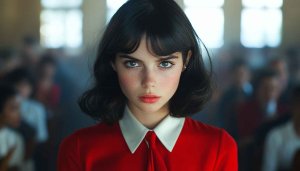 Elegant Portrait Wallpaper: Freckled Brunette, Red Dress, White Collar Style