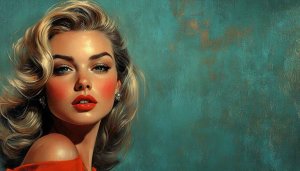 Retro Blonde Woman Portrait Teal Background Mobile Wallpaper Free Art
