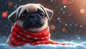 Cute Pug in Winter Scarf 4K Desktop Wallpaper Background