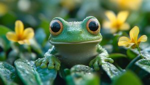 Cute Frog Wallpaper with Yellow Flowers for Desktop Backgrounds 4K