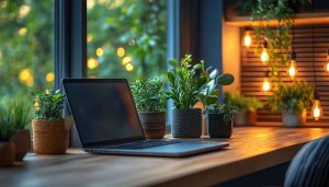 Cozy Workspace 4K Desktop Background with Potted Plants Wallpaper
