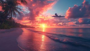 Beach Sunset Airplane Landing 4K Desktop Background Mobile Wallpaper
