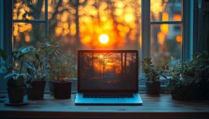 Cozy Home Office Sunset 4K Desktop Background Windowsill Plants
