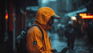 Man in Yellow Jacket in Rain 4K Desktop Wallpaper
