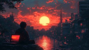 Red Moon Cityscape Anime Desktop Background 4K Mobile Wallpaper