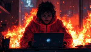 Fiery Programmer 4K Desktop Wallpaper - Man Coding in Flames