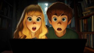 Cartoon Shocked Kids Watching Screen Free Mobile Desktop Wallpaper