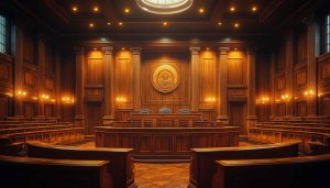 Classic Courtroom Scene Wallpaper, Law Office Background, High-Resolution Image