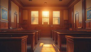 Sunlit Courtroom Interior 4K Desktop Wallpaper for Legal Professionals
