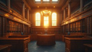 Ornate Courtroom Interior Bookshelves Mobile Wallpaper 4K Desktop Background