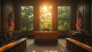 Courtroom Interior Wallpaper: American Flag, Judge Desk, 4K Legal Background
