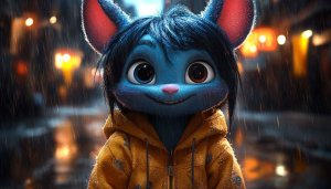 Cute Cartoon Cat Character Rainy Night Street 4K Wallpaper
