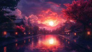 Japanese Village Sunset Scenery Wallpaper, Red Sky Reflection 4K Background