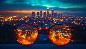 Los Angeles Skyline Reflections in Glasses 4K Wallpaper Desktop Background