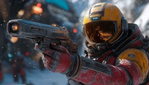 Sci-Fi Astronaut Holding Futuristic Gun 4K Desktop Wallpaper Free