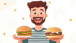 Cartoon Man with Burgers Wallpaper for Food Lovers Desktop Background
