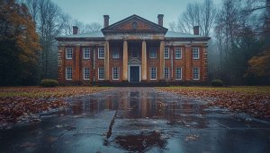 Brick Manor House Reflection Wallpaper, Mobile Background, Rainy Day Aesthetic