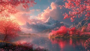 Cherry Blossom Landscape Wallpaper, Pink Floral Mountain Lake Background