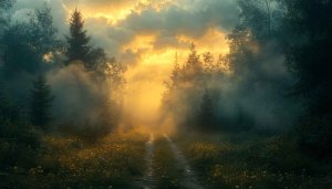 Foggy Forest Path Golden Light 4K Desktop Background Wallpaper