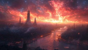 Futuristic Cityscape with Red Sunset Sky 4K Desktop Wallpaper