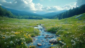 Scenic Mountain Stream Meadow Wallpaper for Desktop Backgrounds in 4K