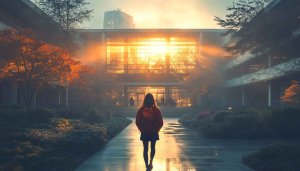 Girl Walking Towards Glowing Building Golden Hour Mobile Wallpaper