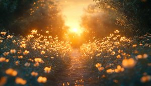 Golden Sunlight Through Flower Field Scenery 4K Desktop Wallpaper