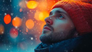Man Looking Up Snowfall Winter Night Mobile Wallpaper Background
