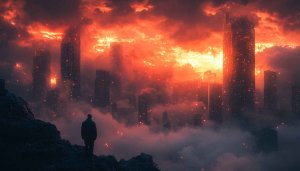 Dystopian Cityscape Mobile Wallpaper 4K, Red Clouds Desktop Background