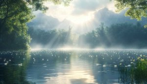Misty Lake Sunrise Desktop Wallpaper, Serene Nature Mobile Background