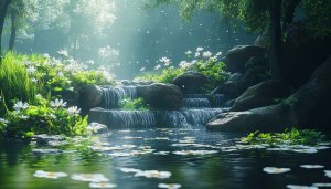 Tranquil Waterfall White Flowers 4K Desktop Background Mobile Wallpaper