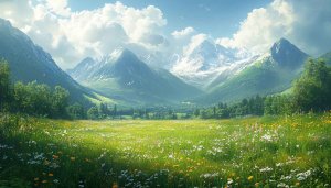 Snowy Mountain Meadow Desktop Background, Serene Nature Mobile Wallpaper