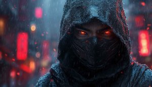 Cyberpunk Ninja with Glowing Eyes 4K Mobile Phone Wallpaper