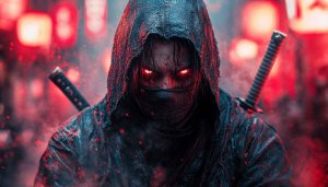 Mystical Ninja Warrior 4K Desktop Wallpaper Glowing Red Eyes