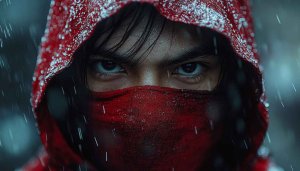 Red Hooded Figure in Rain 4K Desktop Mobile Wallpaper