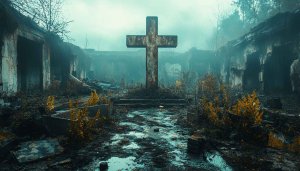 Religious Cross Ruins Wallpaper, Abandoned Church 4K Desktop Background