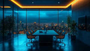 Modern Office Night City View 4K Desktop Wallpaper Background