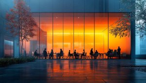 Office Meeting Sunset Reflection 4K Desktop Wallpaper Free Background