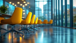 Modern Office Interior Yellow Chairs 4K Desktop Wallpaper Background