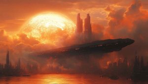 Science Fiction Cityscape 4K Wallpaper: Futuristic Spaceship Over Orange Skyline
