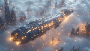 Futuristic Spaceship Over City 4K Desktop Wallpaper Sci-Fi Background